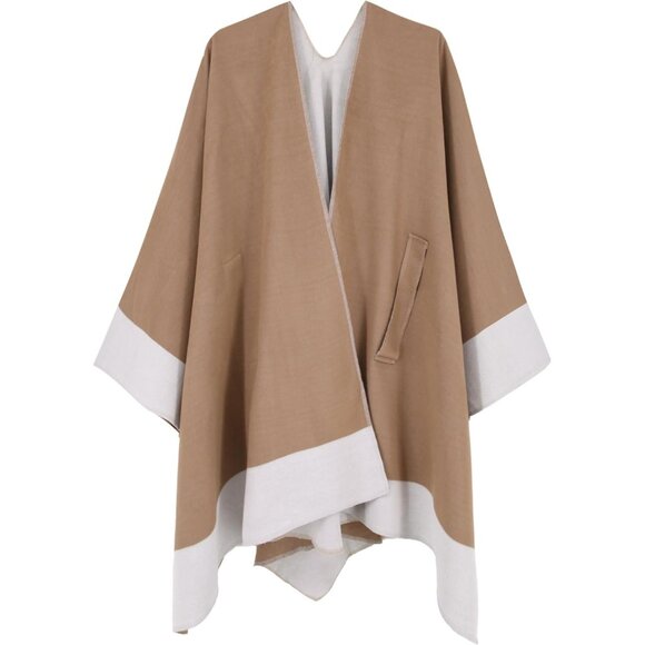 Women Shawl Wrap Poncho Cape Open Front Cardigan Fall Winter Camel Off White - Picture 3 of 6